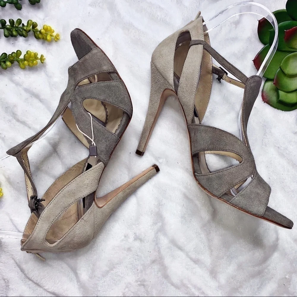 John Richmond NWOT Suede T-Strap Taupe Gray Stilettos Pumps Heels IT40/US10